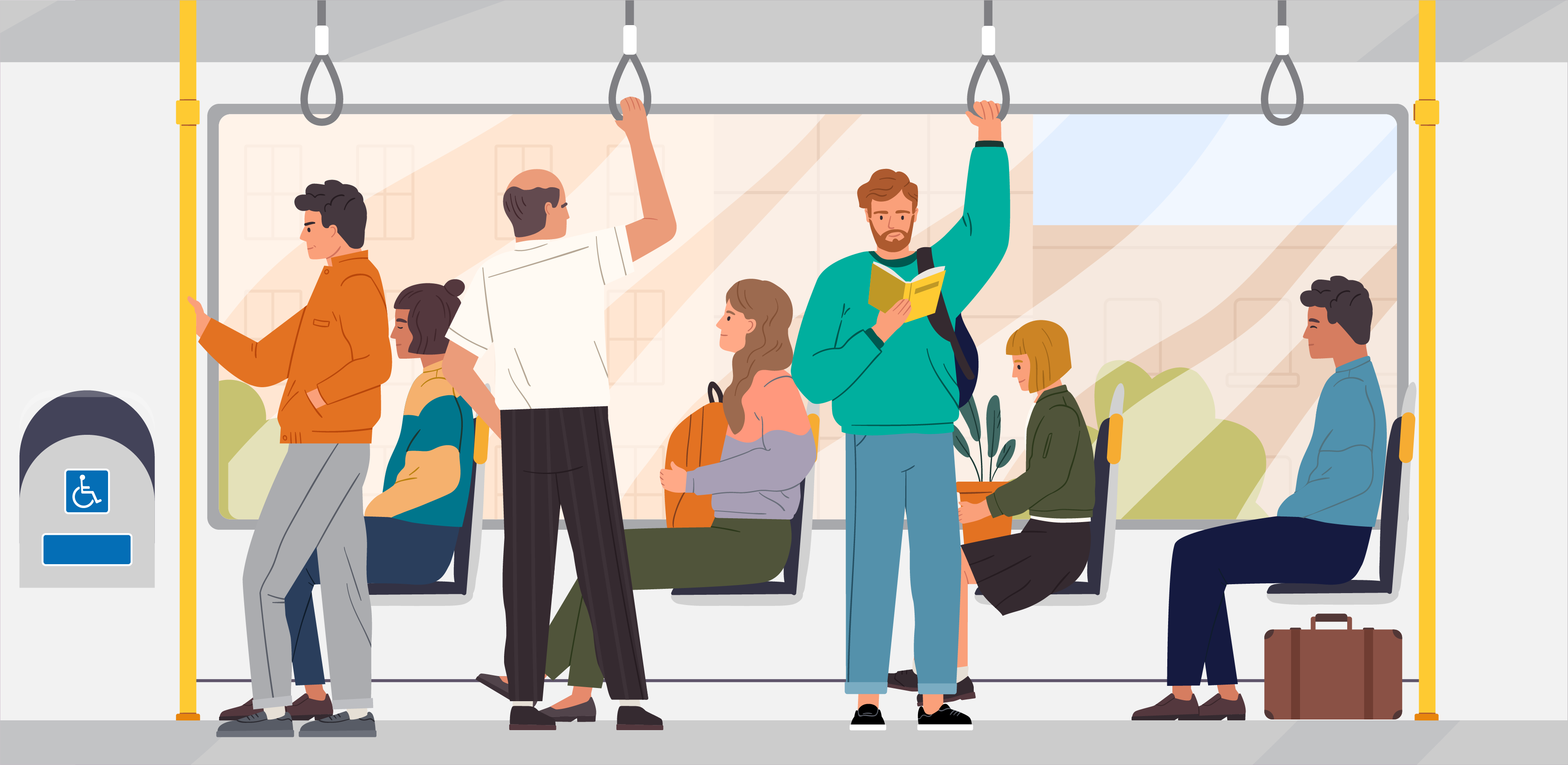 Graphic of people standing and sitting inside a train